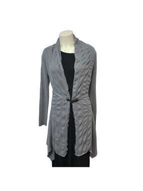 Cache Gray Draped Open Front Cardigan Sweater L Belted Faux Leather Shawl Collar